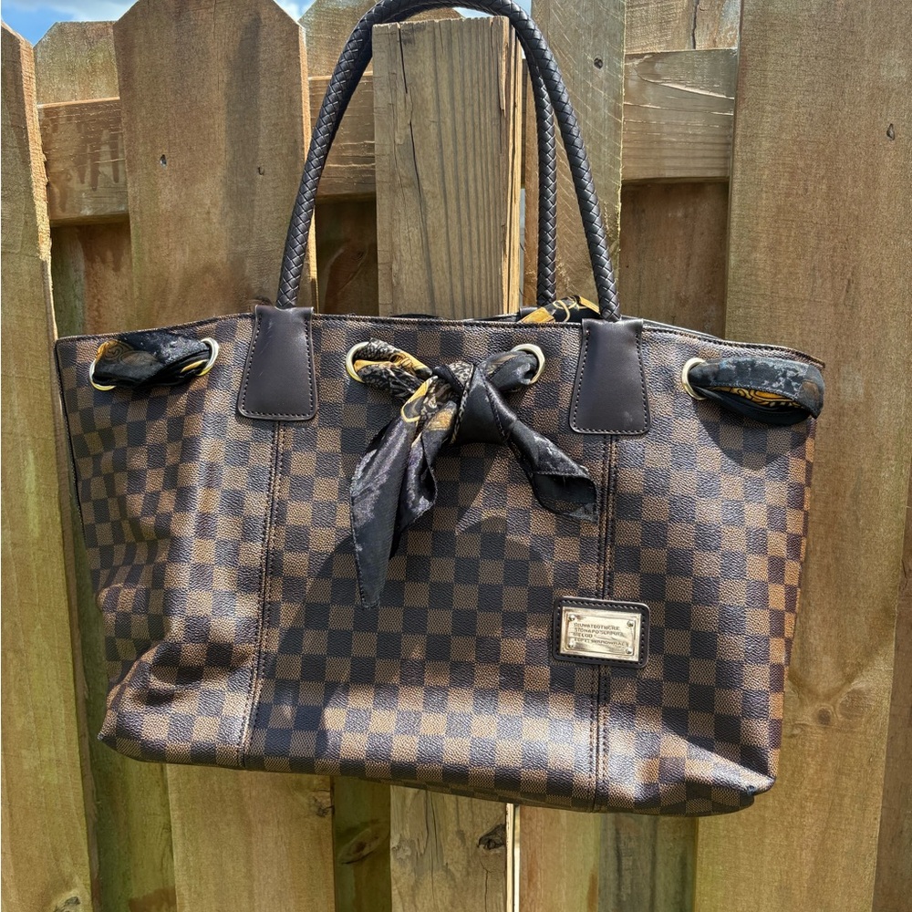 Brown Checkered Tote Bag